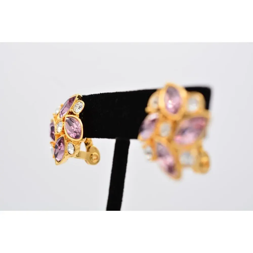 Monet Vintage Crystal Clip On Earrings Lavender Rhinestone Gold Signed 1980s 9E